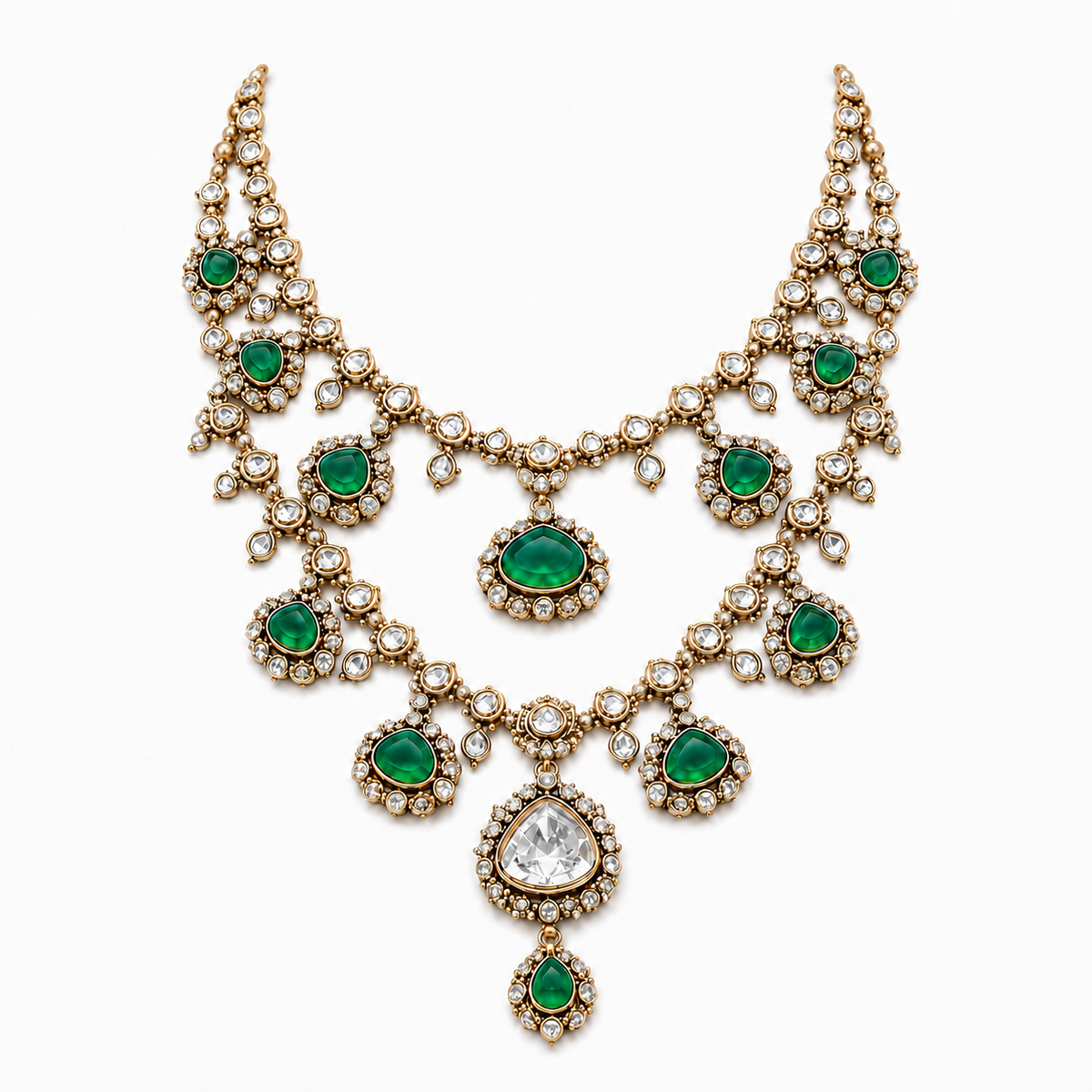 Double-Layered Green Stone Kundan Statement Necklace
