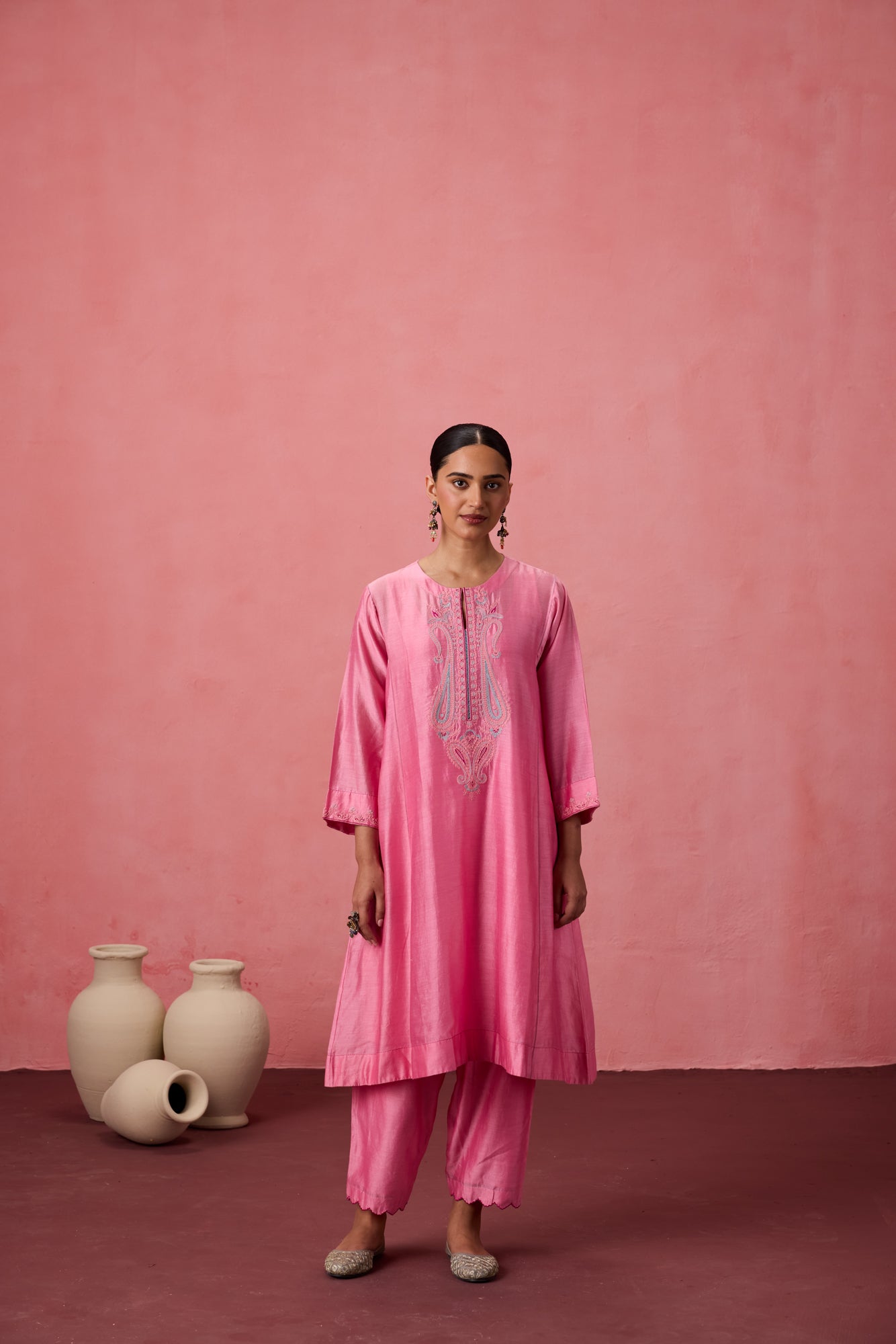 Pink chanderi dori work and resham embroidered kurta paired with organic cotton slip, Salwar & organza dupatta