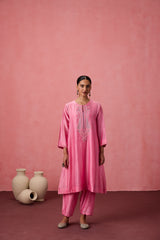 Pink chanderi dori work and resham embroidered kurta paired with organic cotton slip, Salwar & organza dupatta
