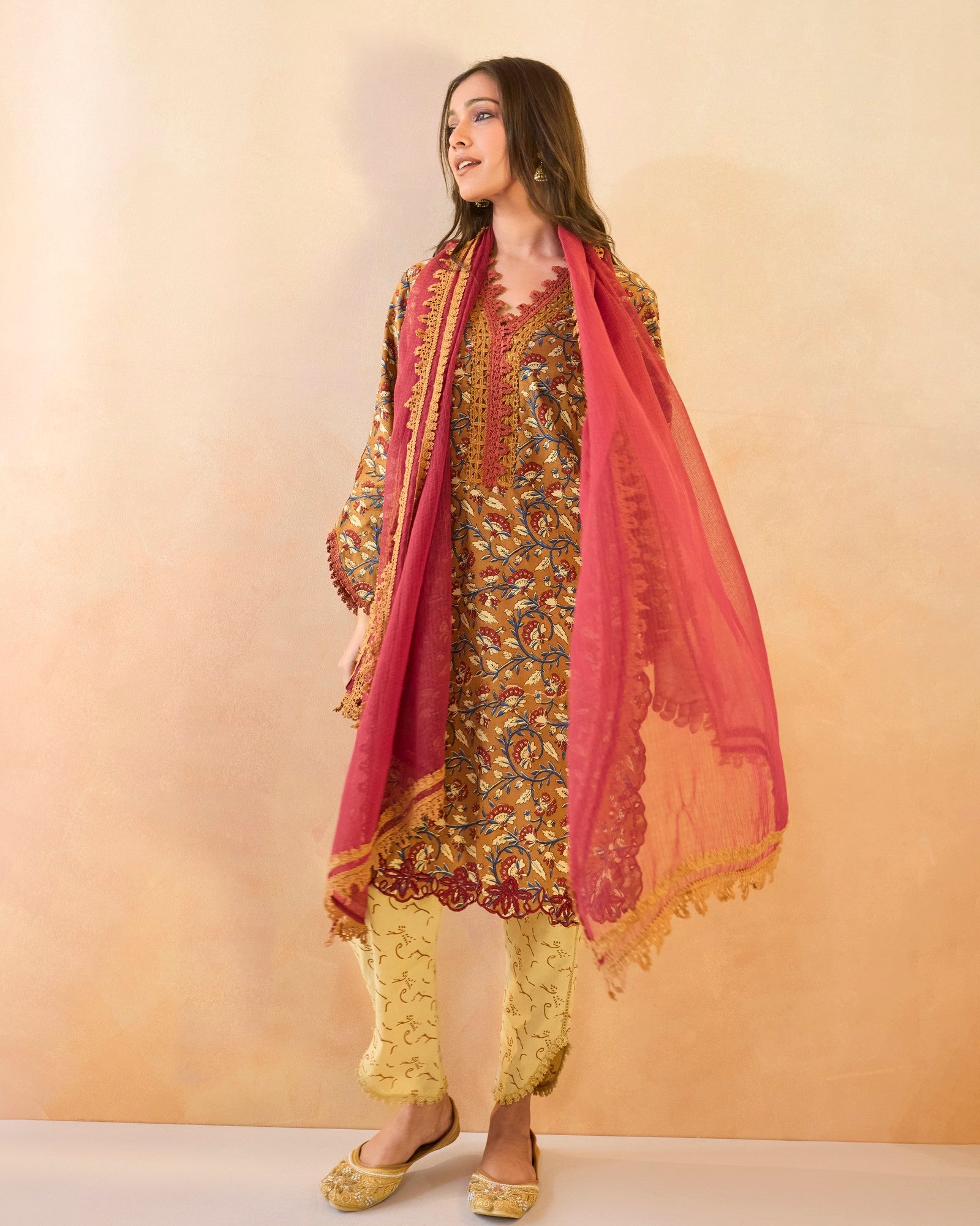 Brown Petal Scallop Cotton Kurta with Tulip Pants