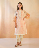 Orange Floral Embroidered Organza Slip Kurta with Narrow Pants