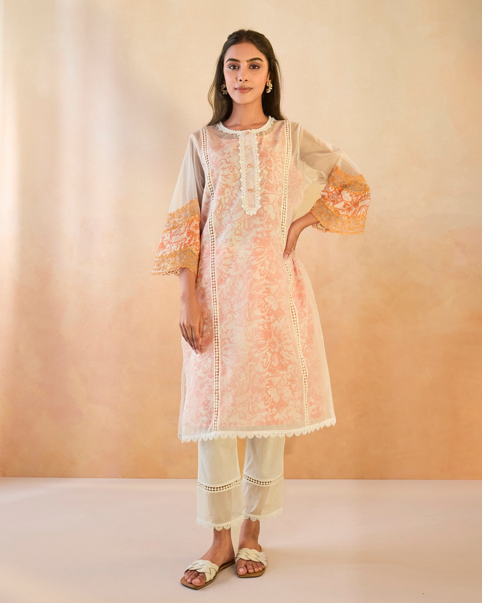Orange Floral Embroidered Organza Slip Kurta with Narrow Pants