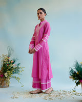 Neon Pink Kurta in Cotton Dobby and Schiffli fabric with Delicate Lace Detaling with Wide Leg Pants
