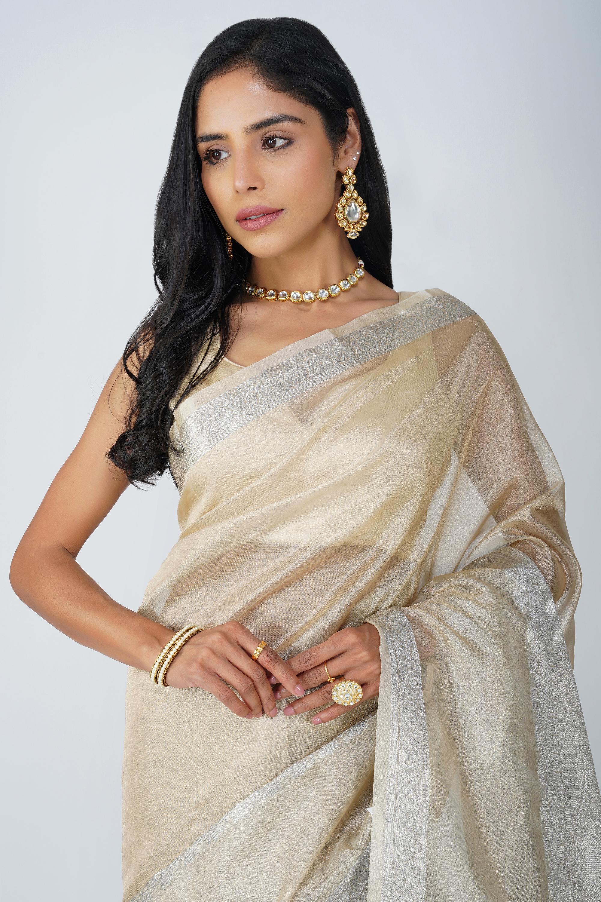 Beige Tissue zari Silk banarasi Handloom Saree