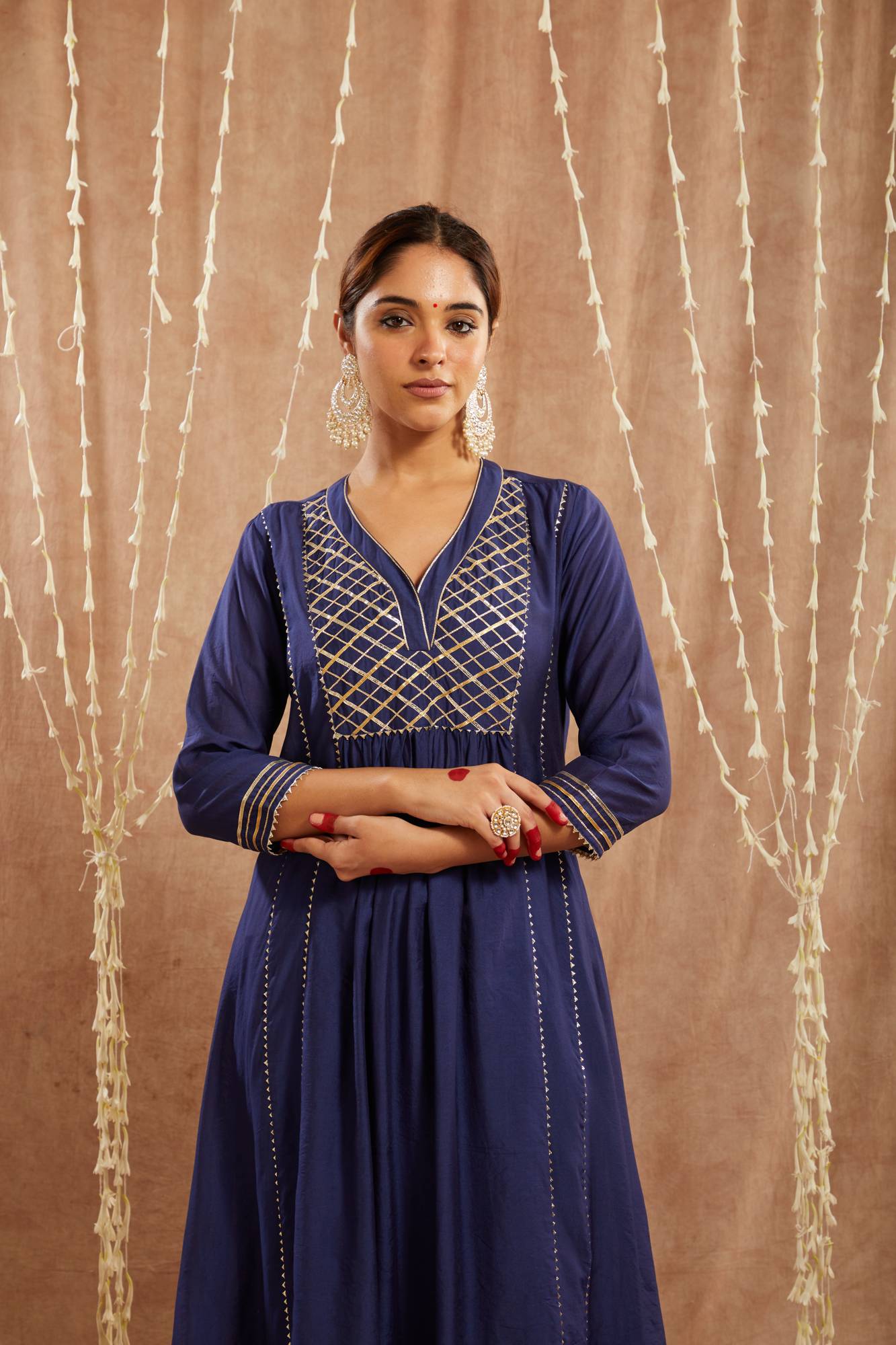 Royal Blue Gota Chanderi Kurta with 
Wide Leg Pants