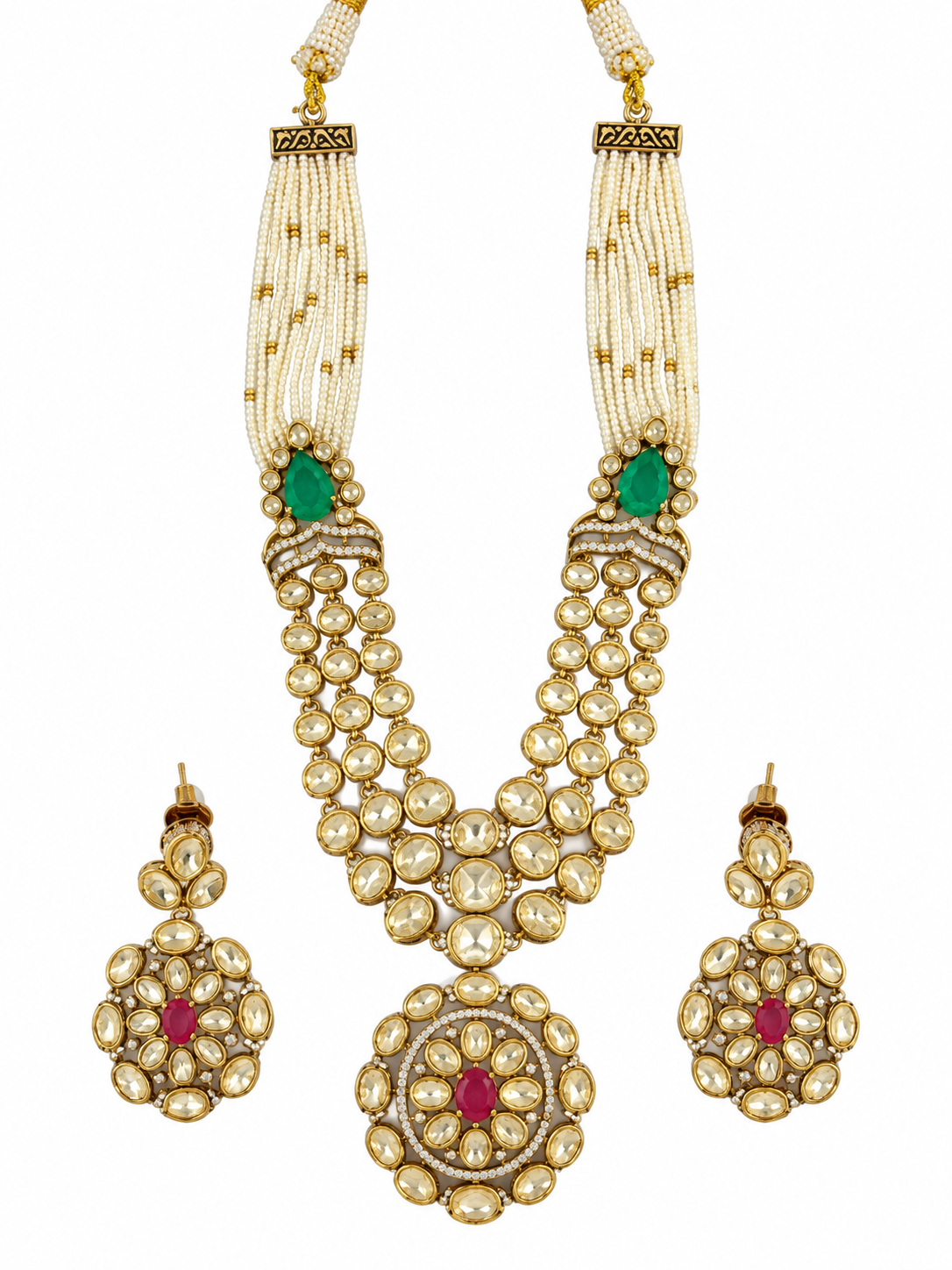 Emerald and Ruby Moissanite Polki Pearl Necklace Set