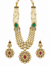 Emerald and Ruby Moissanite Polki Pearl Necklace Set