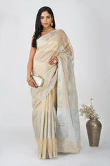 Beige Tissue zari Silk banarasi Handloom Saree