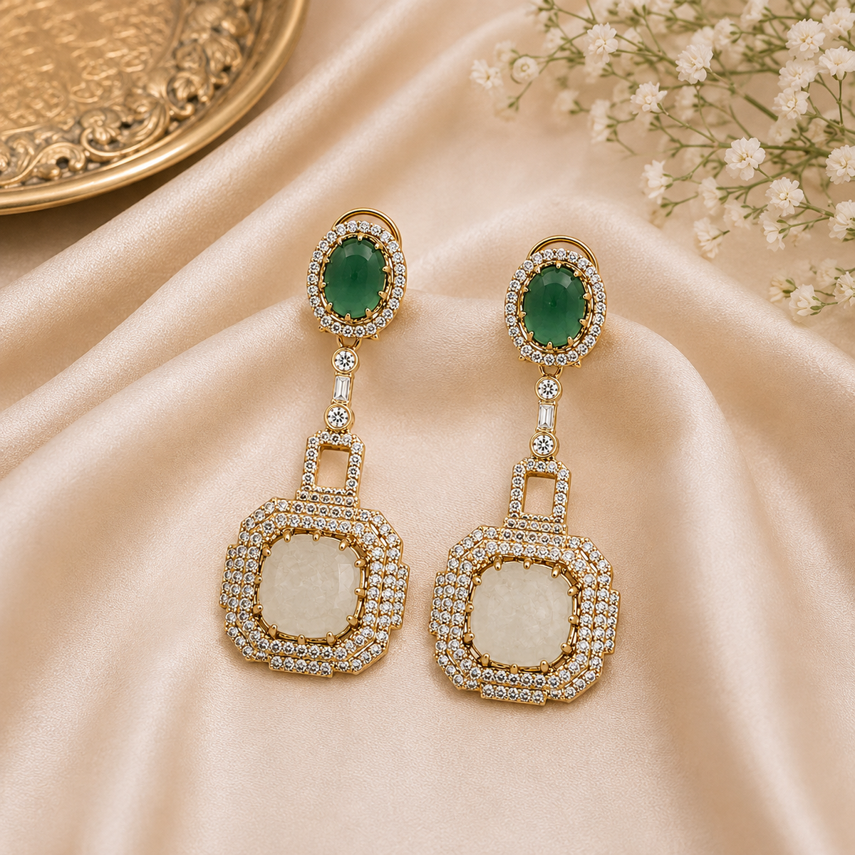 Emerald Green & Ivory Semi-Precious Statement Earrings
