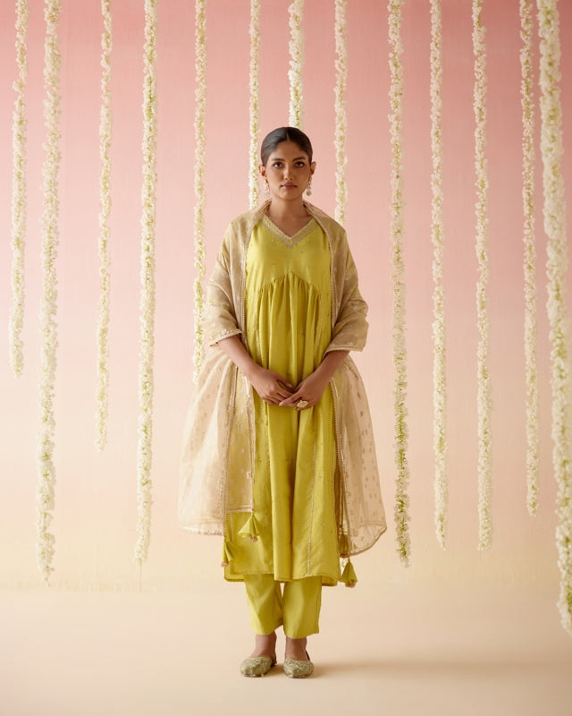 Lilly Lime Chanderi Kurta with 
Narrow Pants & Dupatta - Set of 3
