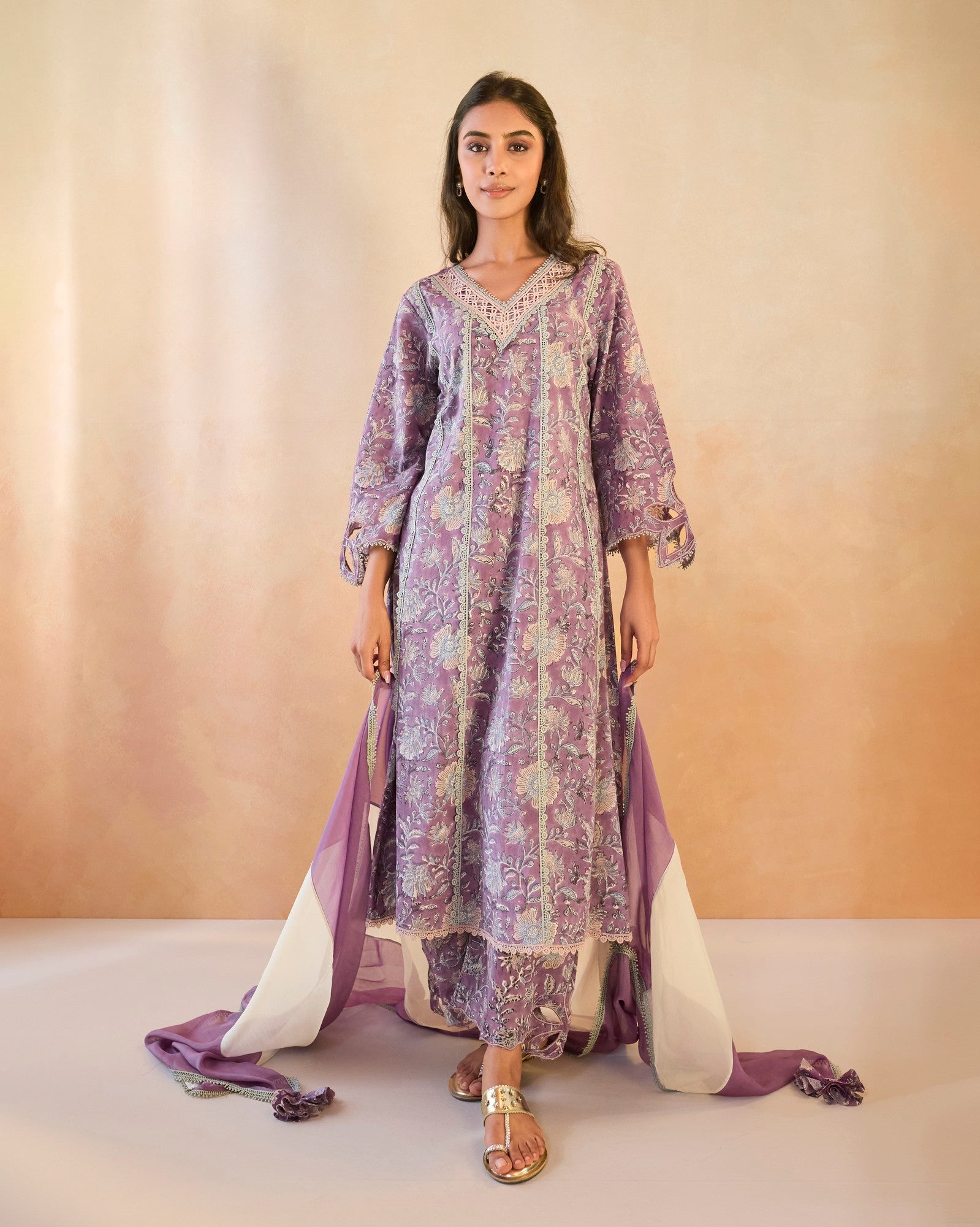 Mauve Chintz Cutwork Cotton Kurta with Wide Leg Pants