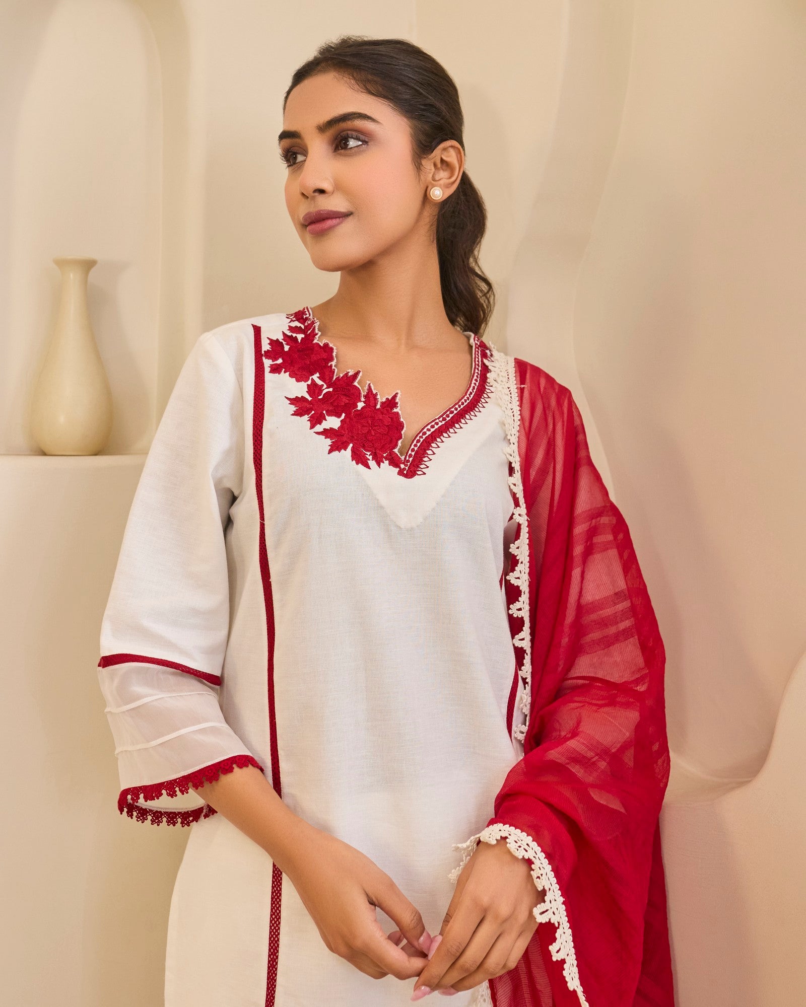 Red Rose Embroidered Khaadi Kurta with Narrow Pants