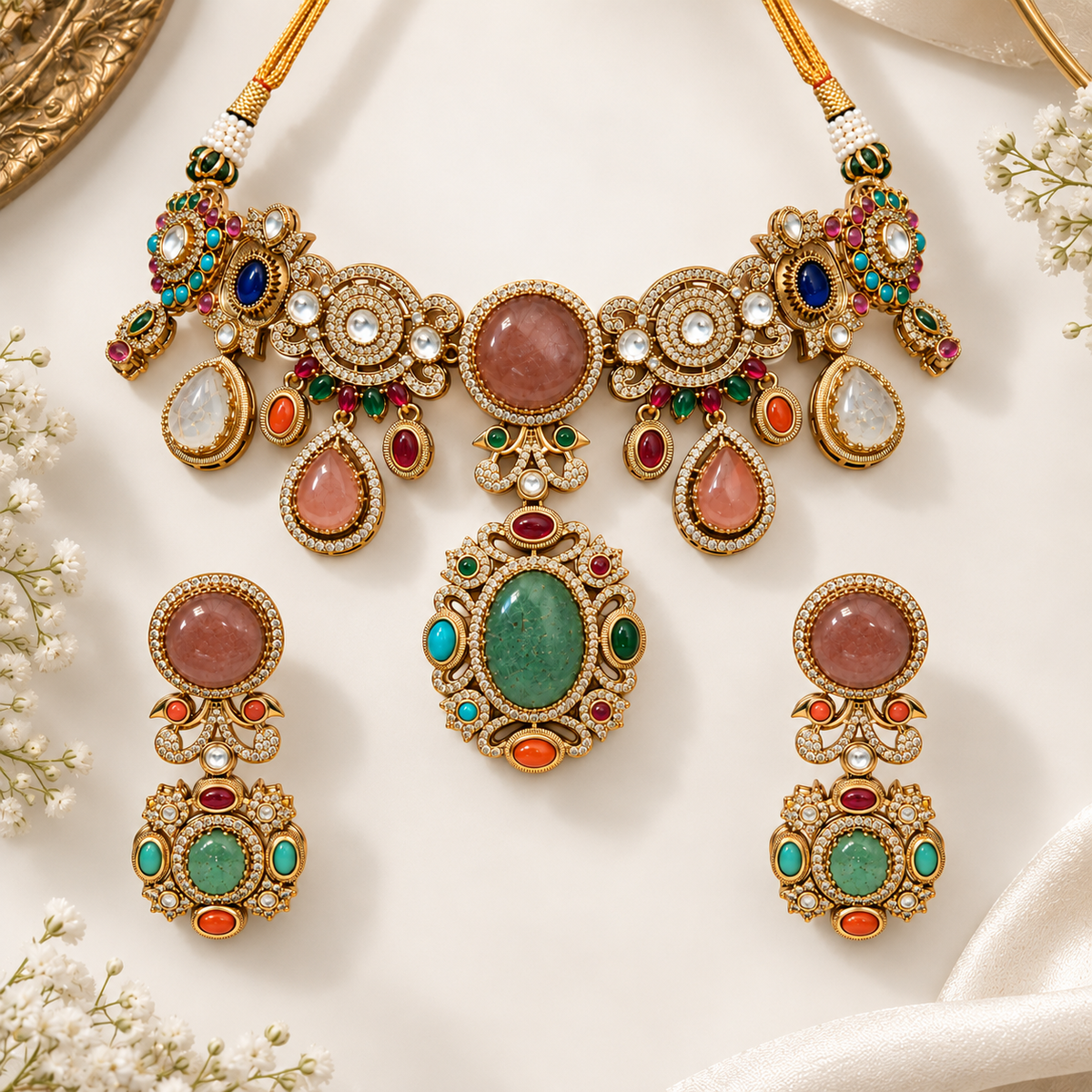Multicolor Semi-Precious Stone Statement Necklace Set 26
