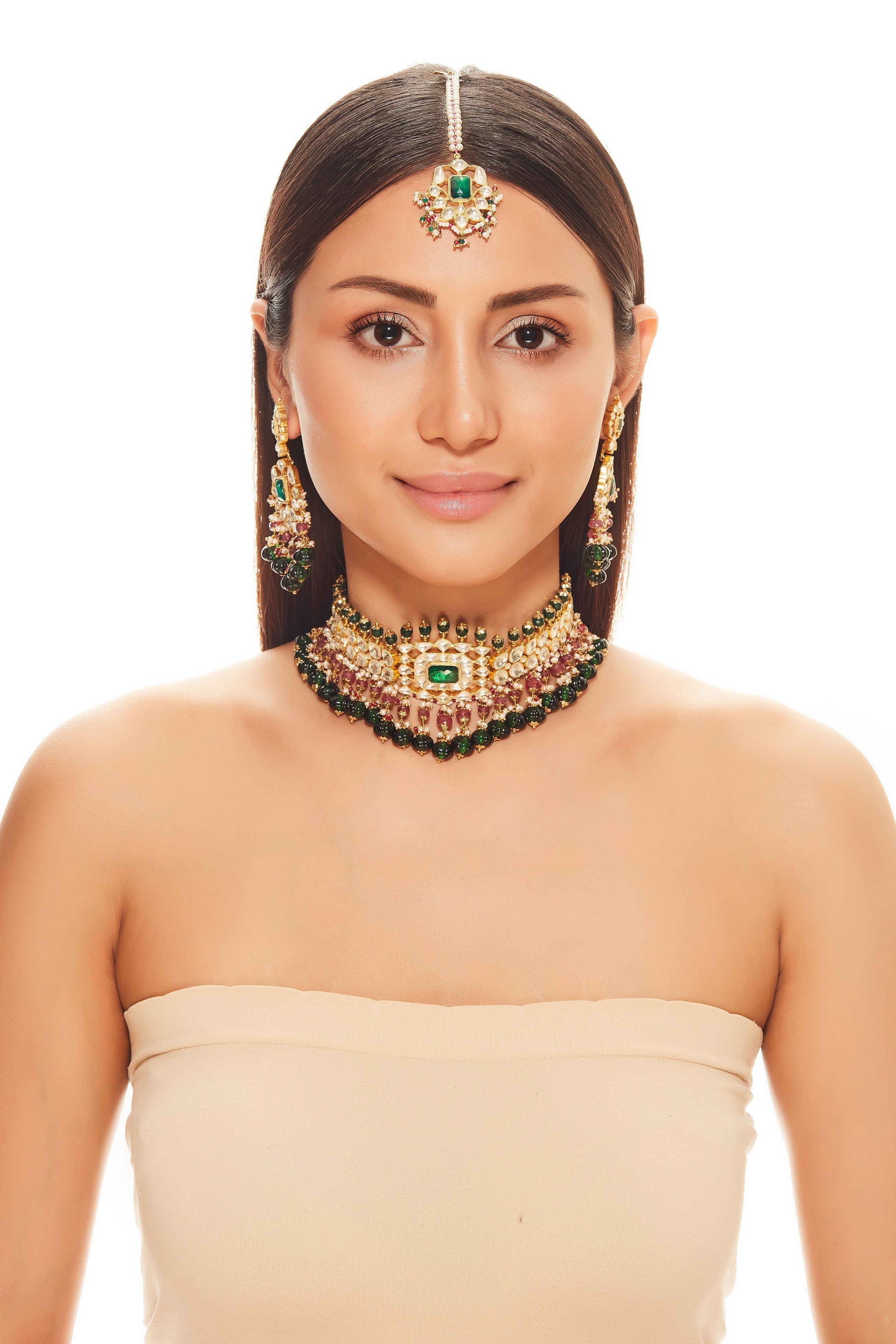 Emerald and Ruby Open Polki Necklace Set