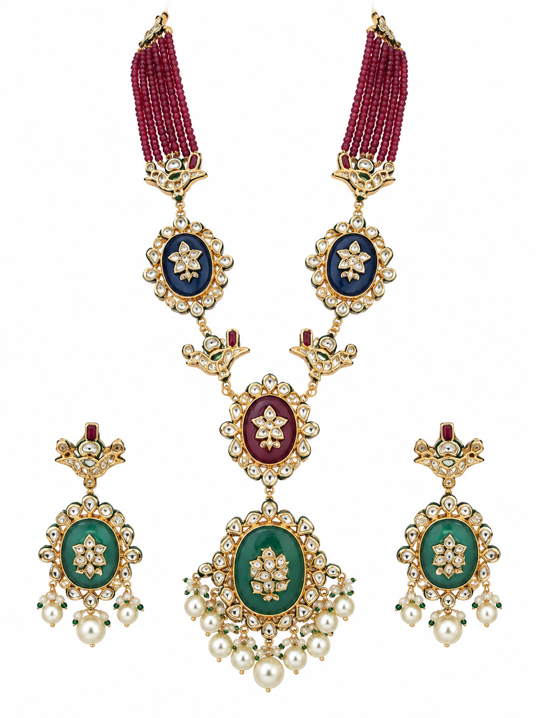 Kundan Ruby Beaded Long Necklace Set