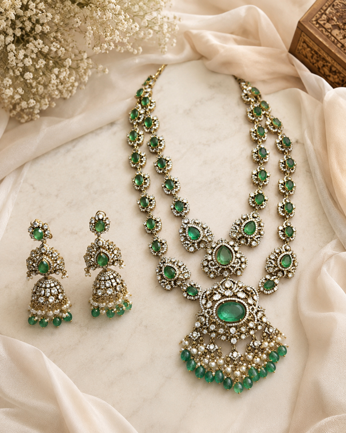 Sage Green Moissanite Long Two-Layered Necklace Set