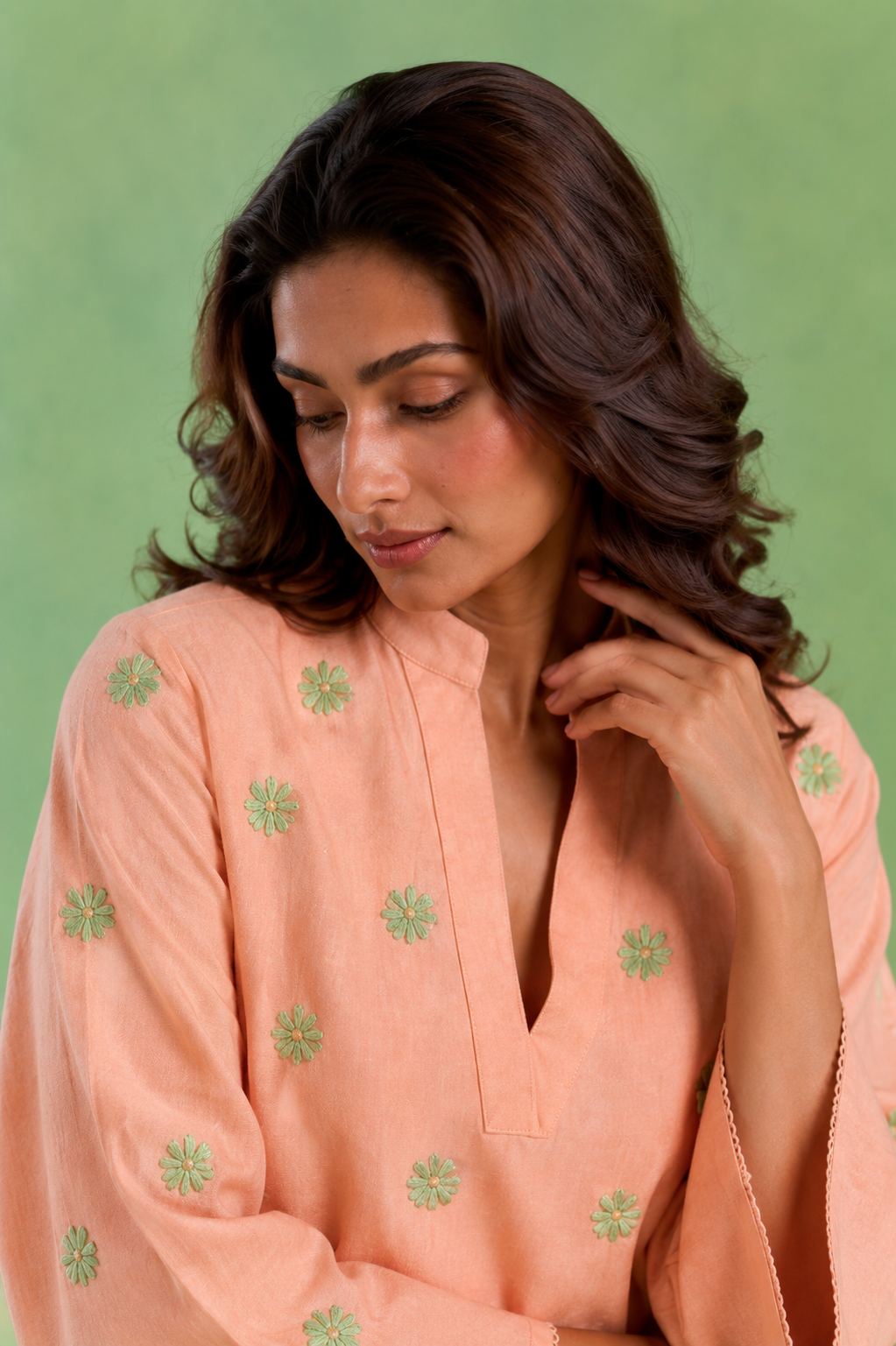 Peach Flora Embroidered Handloom Cotton Co-ord Set