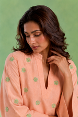 Peach Flora Embroidered Handloom Cotton Co-ord Set