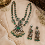 Emerald Moissanite Polki Long Two-Layered Necklace Set