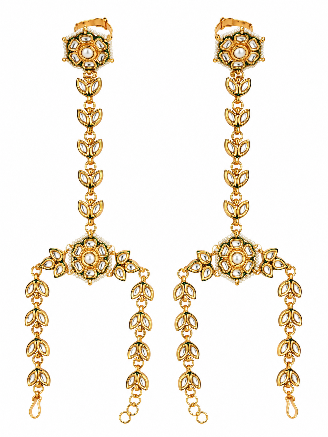 Kundan Pearl Leaf Haath Phool Pair