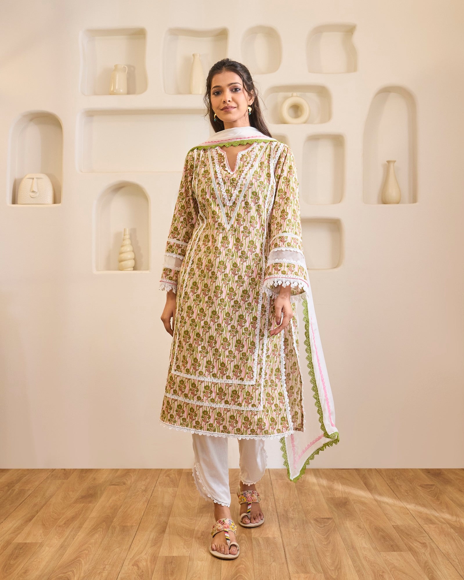 Green Charm Embroidered Cotton Kurta with Tulip Pants