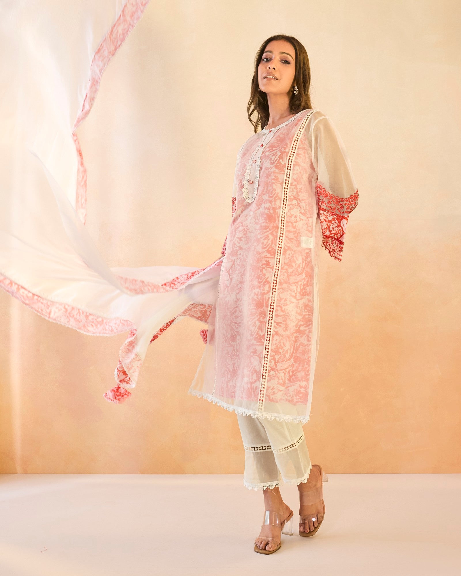 Rose Floral Embroidered Organza Slip Kurta with Narrow Pants