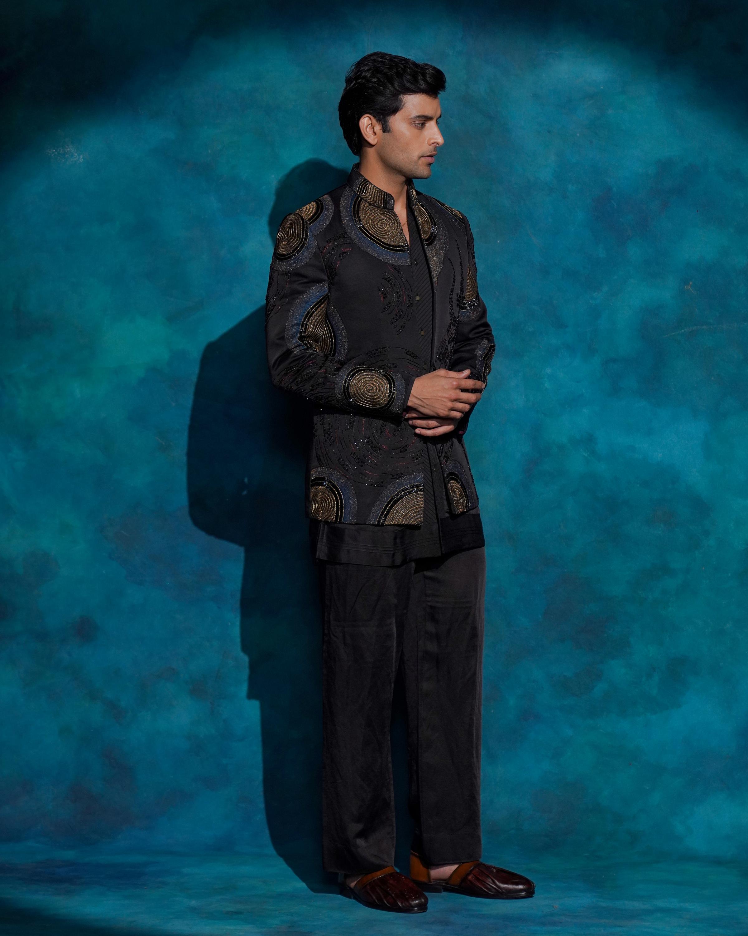 Black hand embroidered open bandhgala set