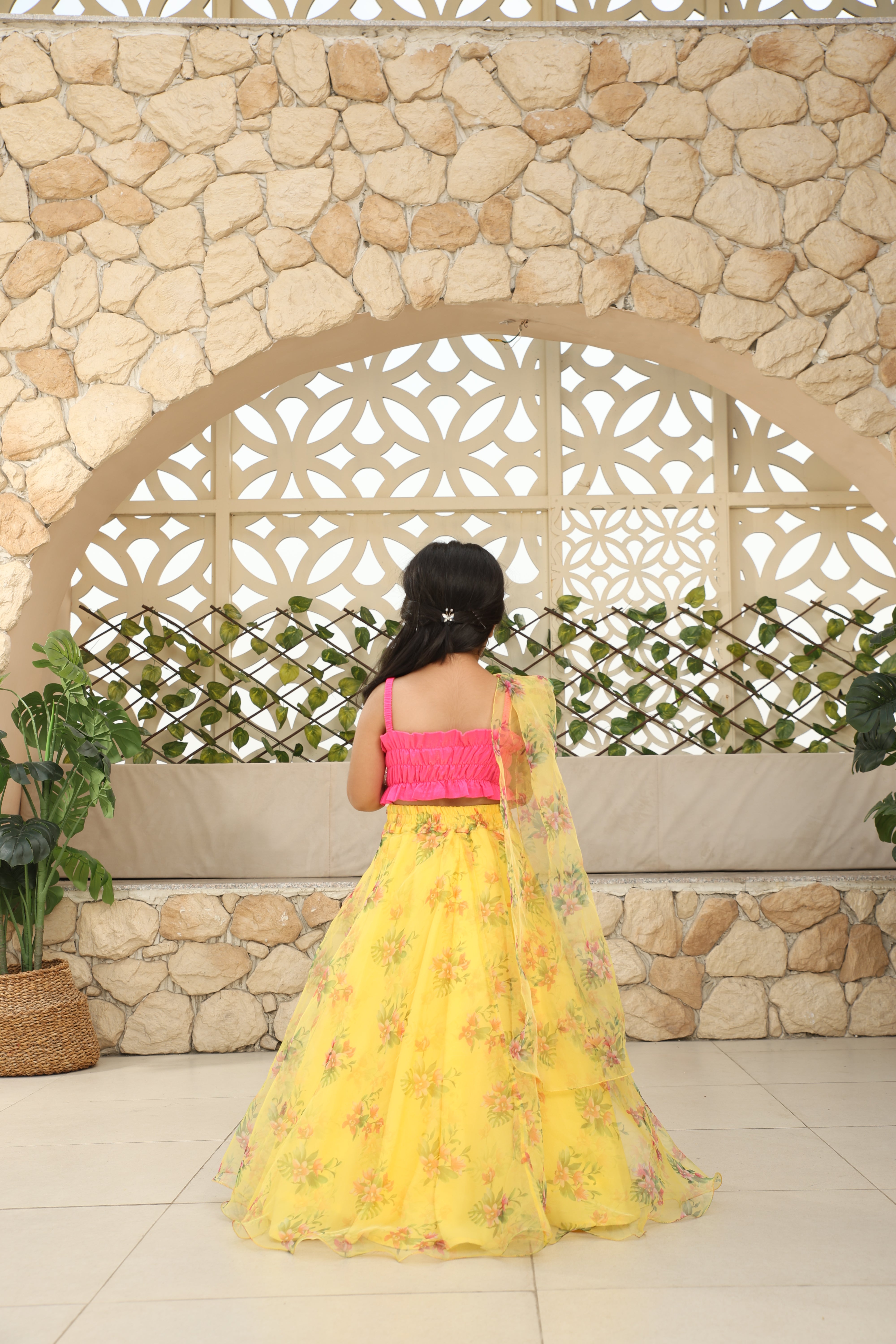 Yellow Tassel Choli with Printed Lehenga