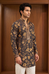 Black Printed Satin Linen Kurta