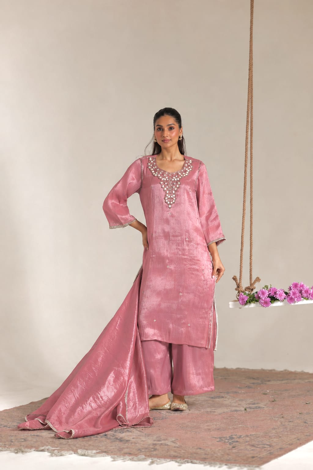 Pink Pearl Zari Embroidered Tissue Kurta Set - Set of 2