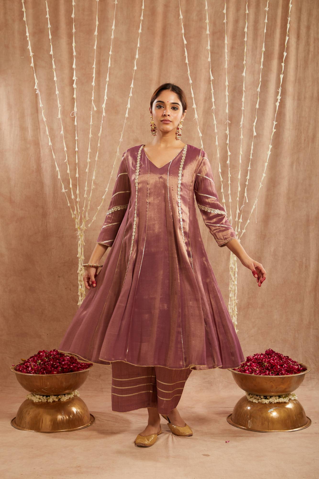 Purple Floral Gota Tissue Anarkali with Wide Leg Pants