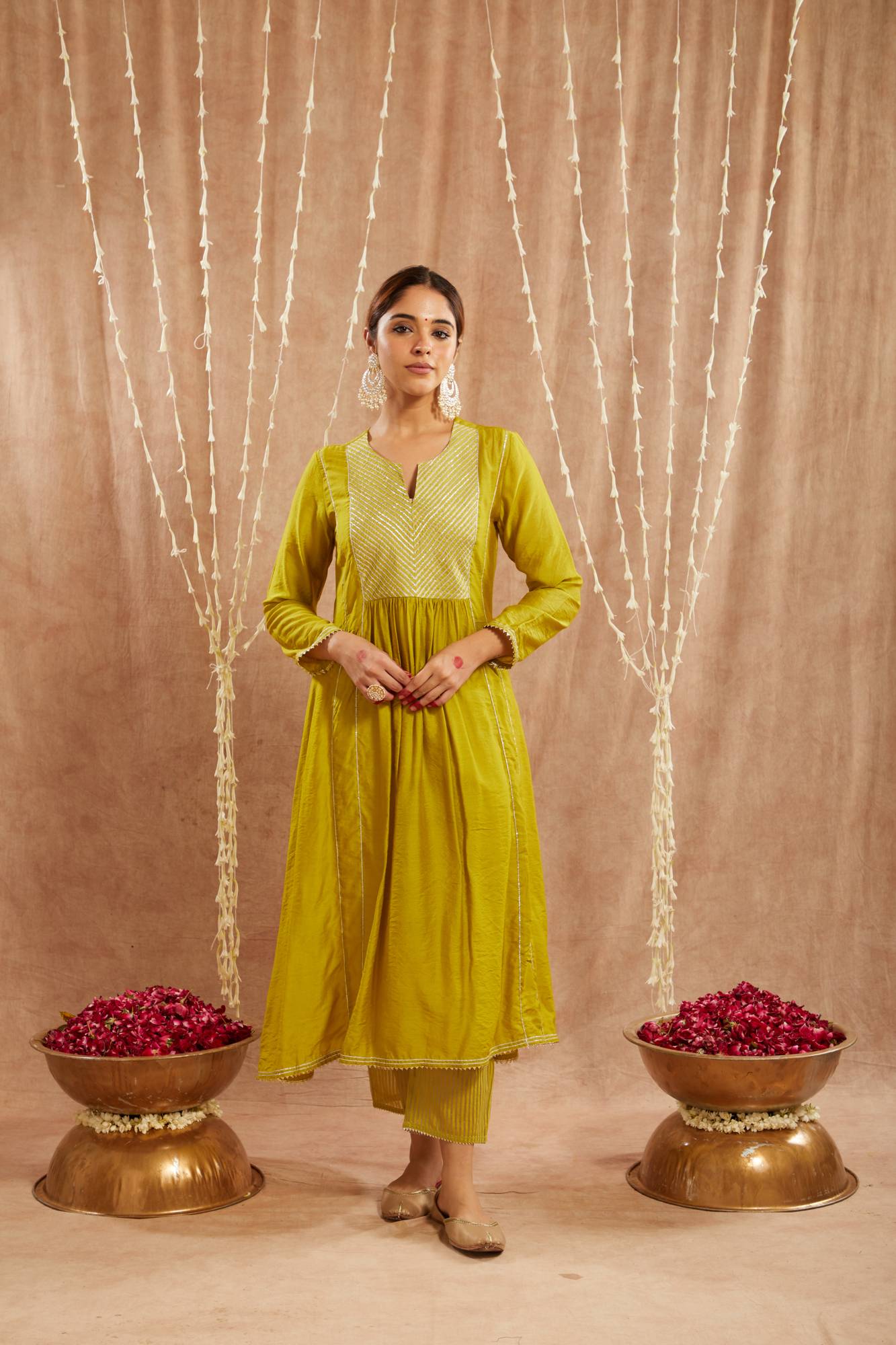 Olive Diagonal Yoke Kurta with Narrow Pants