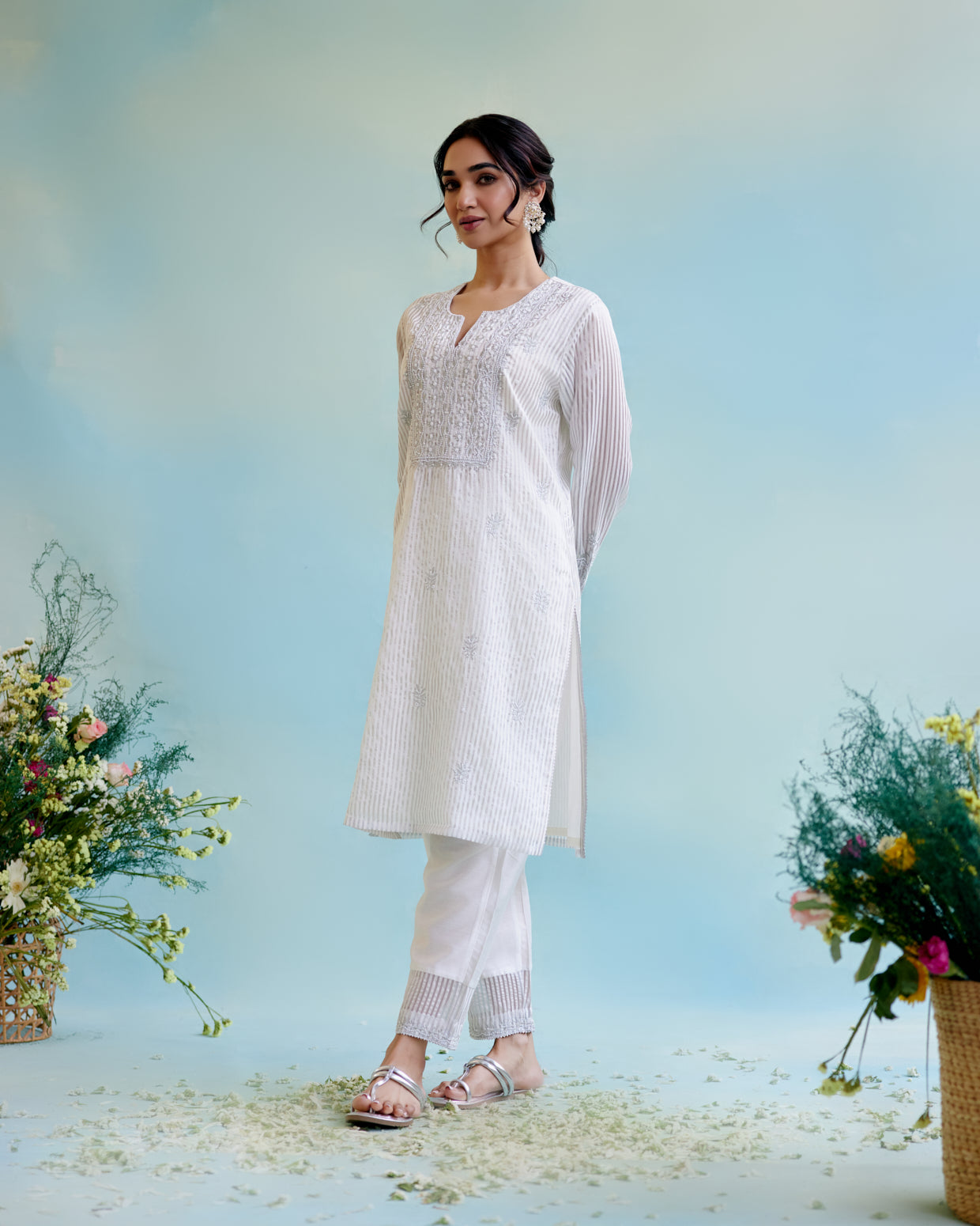 Silver Zari Crushed Stripe Tissue Kurta with Narrow Pants