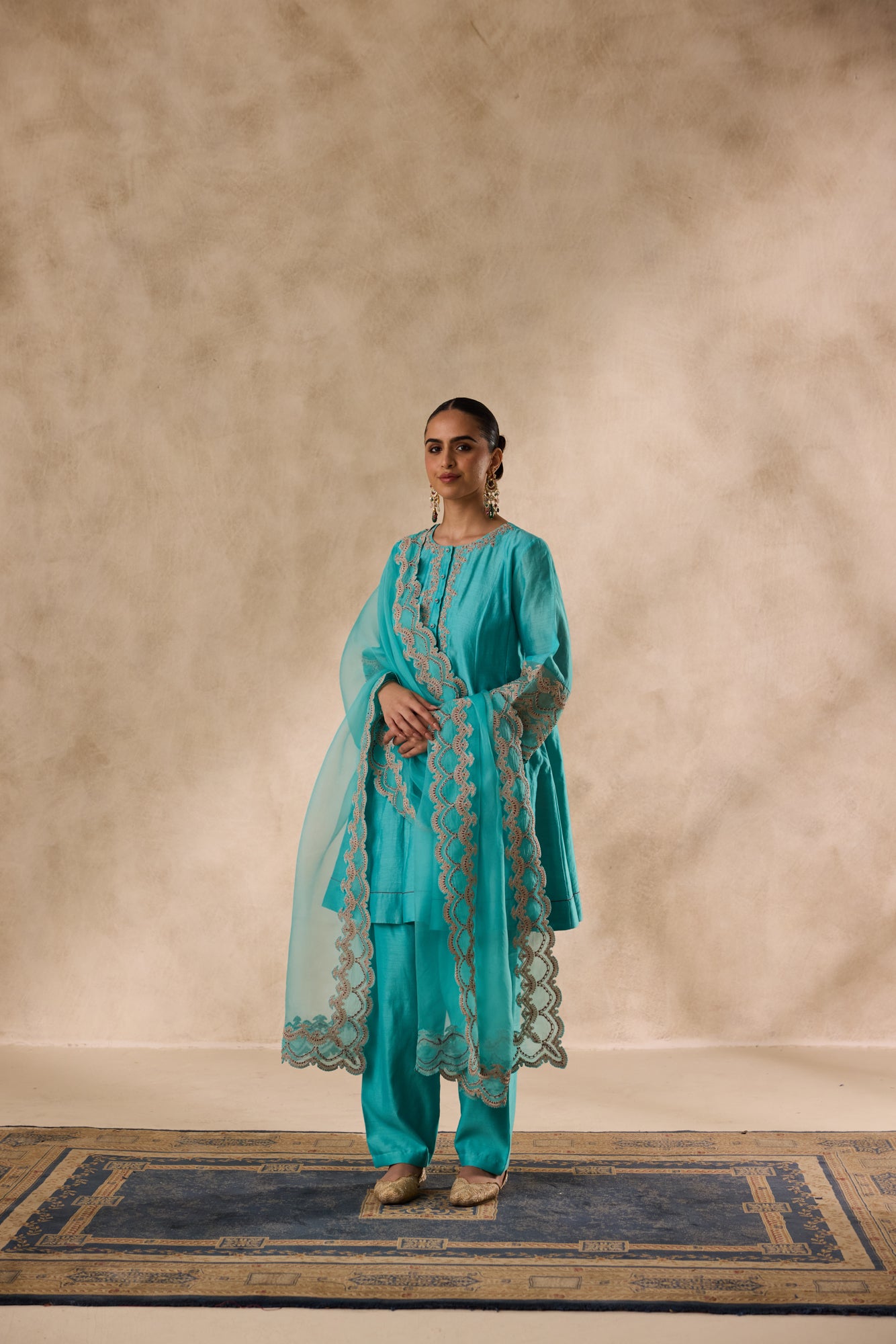 Sky blue chanderi dori work and french knot embroidered kurta paired with salwar & organza dupatta