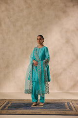 Sky blue chanderi dori work and french knot embroidered kurta paired with salwar & organza dupatta