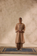 Champagne chanderi dori work  embroidered kurta paired with organic cotton slip, afgani salwar & organza dupatta