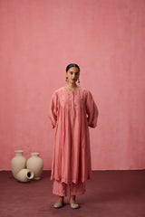 Peach chanderi resham embroidered kurta paired with organic cotton slip, pant & Chanderi dupatta