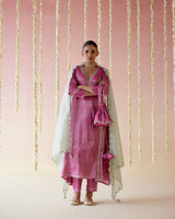 Fuschia Pink Tissue Angarakha with 
Narrow Pants & Dupatta - Set of 3