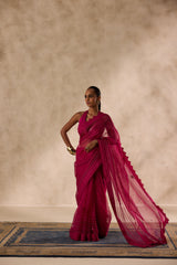Wine organza jaal embroidred saree comes with unstitched & unembroidered blouse fabric in chanderi