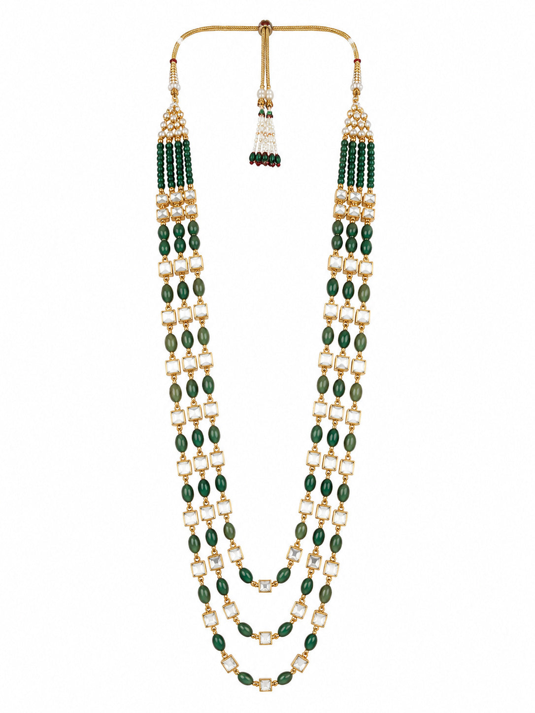 Three-Layer Green Beaded Kundan Groom Mala