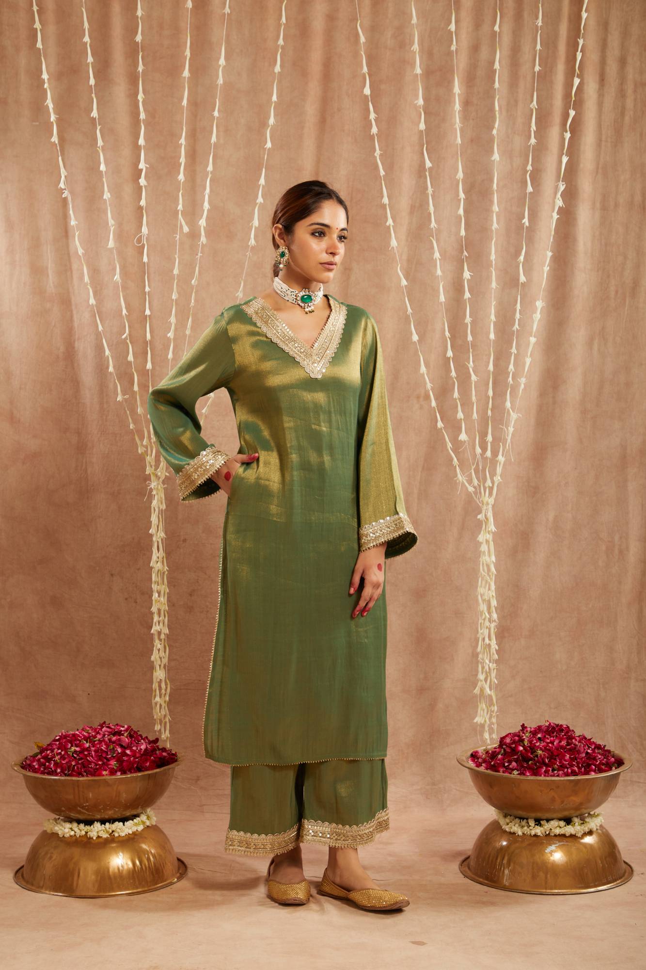 Green Sequins Gota Tissue Kurta with 
Wide Leg Pants