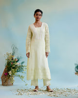 Yellow Petal Kurta in Cotton Dobby with Lace Detaling and Scallop Sleeves