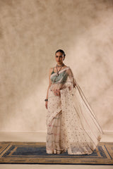 Ivory organza resham and thread embroidered saree comes with unstitched & unembroidered blouse fabric in chanderi