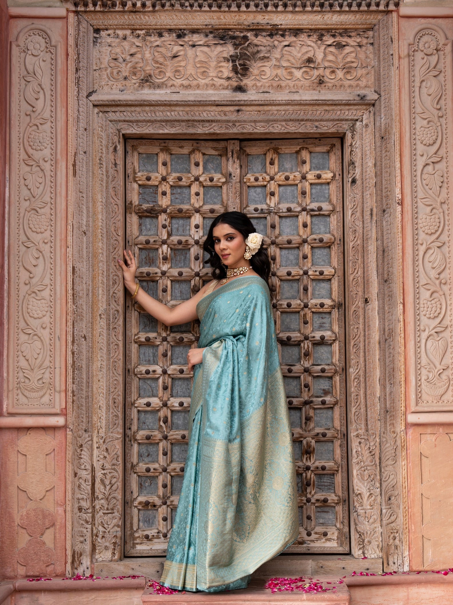 Powder Blue Pure Katan Silk Banarasi Handloom Saree