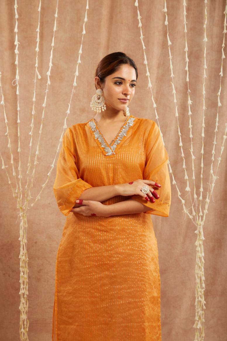 Orange Lily Floral Embroidred Kurta with Flared Pants