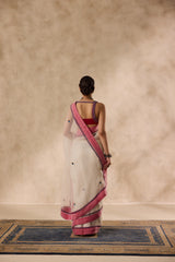 Ivory organza rasham buti embroidered saree comes with unstitched & unembroidered blouse fabric in chanderi