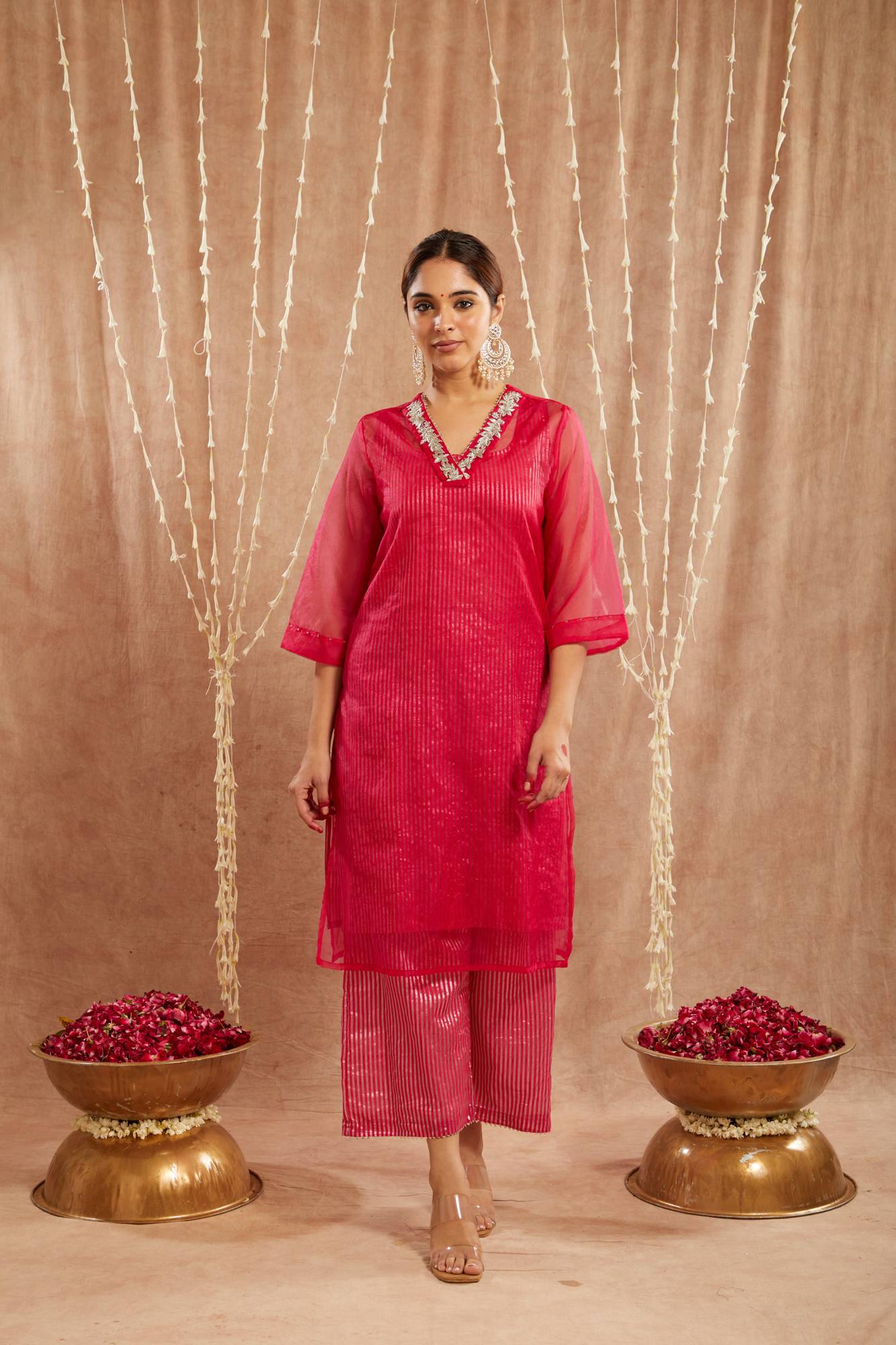 Fuchsia Pink Floral Embroidred Kurta with Flared Pants