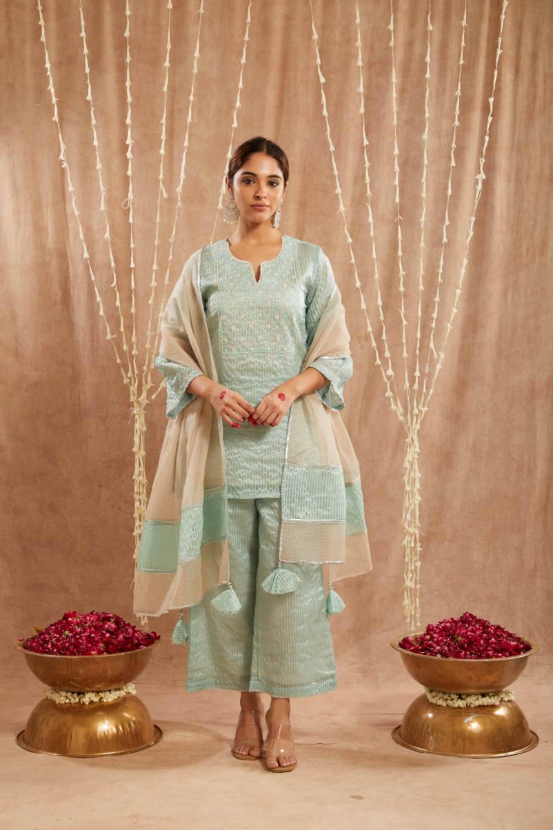 Blue Moroccan Dori Kurta with 
Flared Pants