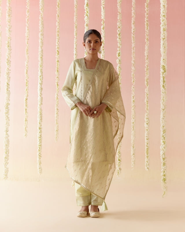 Lotus Green Tissue Kurta with 
Narrow Pants & Dupatta - Set of 3