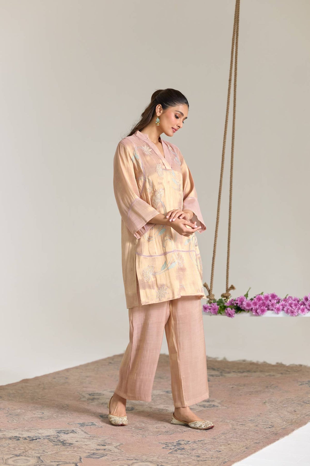 Blush Mint Applique Embroidered Tissue Kurta Set - Set of 2